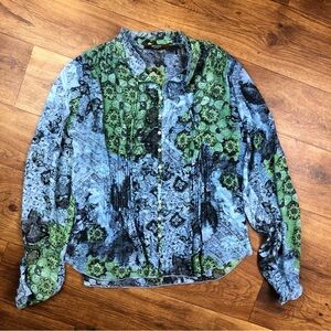 Belissimo Blue Green Floral Sheer Blouse Shirt